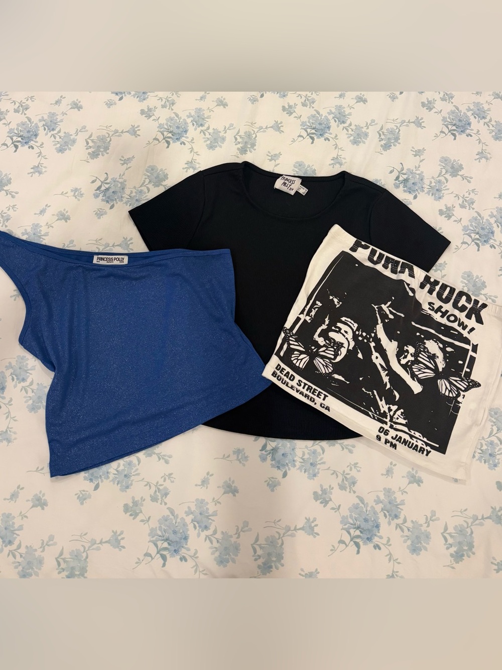 Princess Polly Bundle- Black Ribbed Tee with Blue Shimmer and White Graphic Top